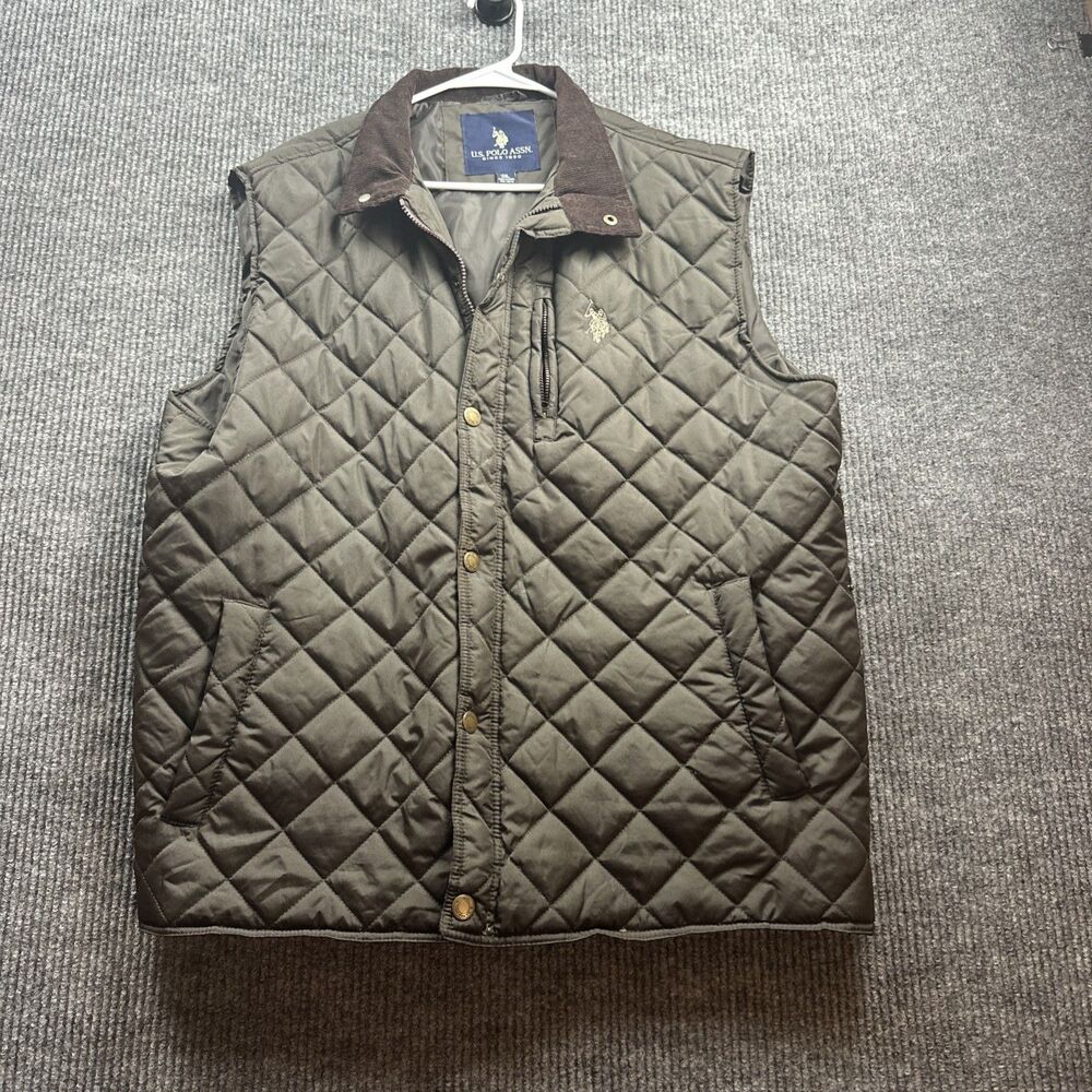 U.S. Polo Assn. Men's Brown Quilted Vest Diamond Pattern XXL Mid-Length Snap Zip